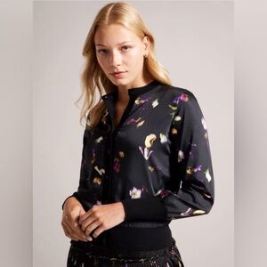 Ted Baker Sz 6 Janta Satin Black Floral Knit Cardigan Sweater